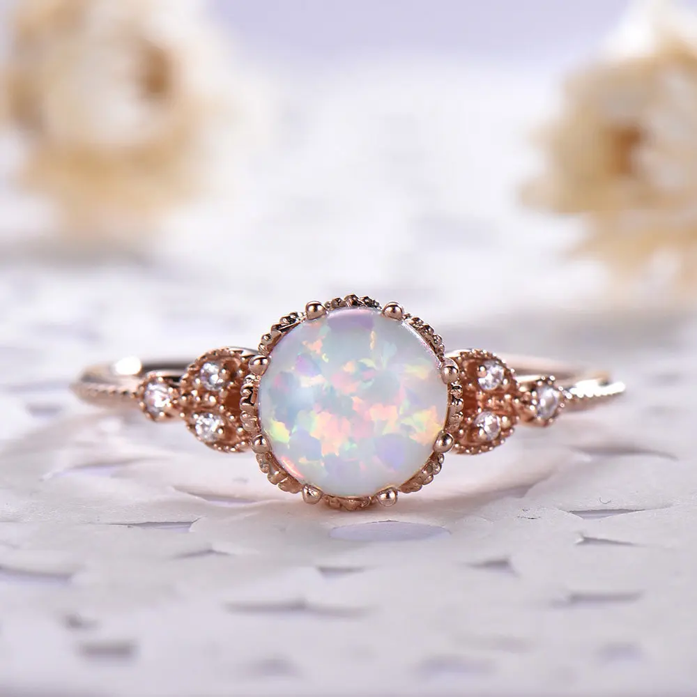

Hot Sale Moonstone Diamond Ring 18K Rose Gold Plated White Opal Engagement Ring