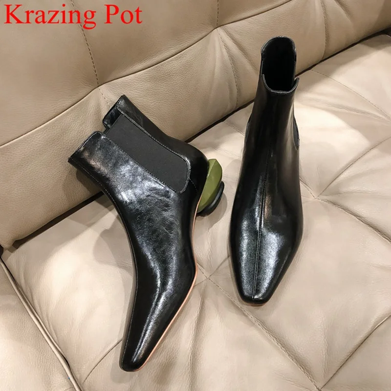 Новинка Женские ботильоны из натуральной кожи с квадратным носком в необычном