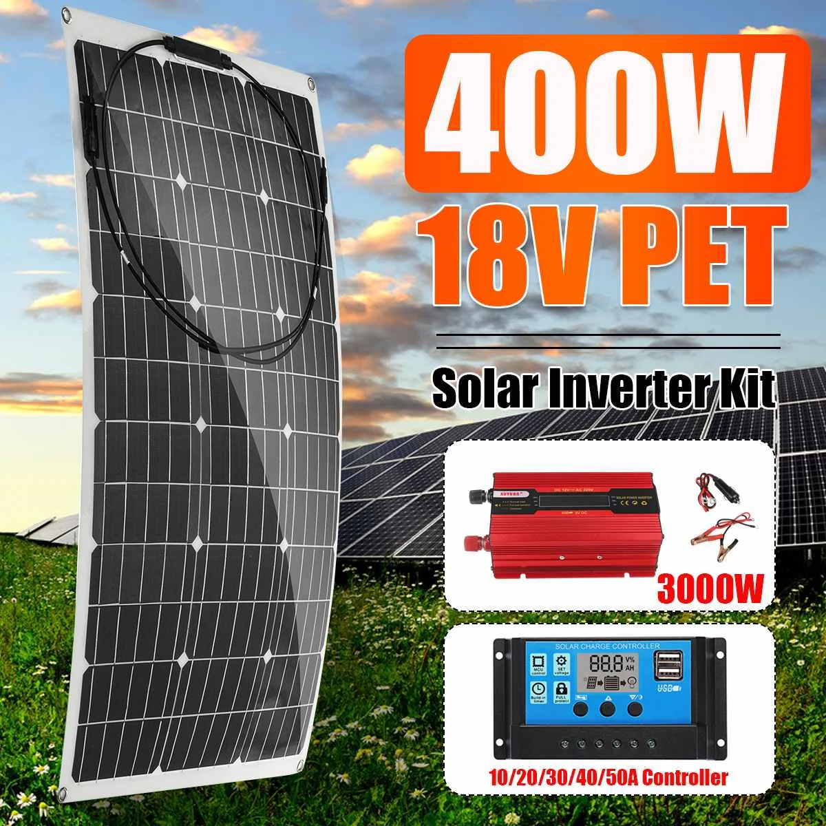 

220V Solar Power System 400W Solar Panel 18V Battery Charger 3000W Inverter Kit Complete 10-50A Controller Home Grid Camp Phone