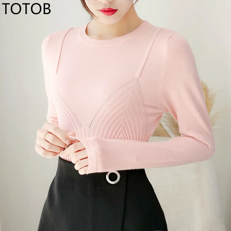 autumn winter sweet sweater women O Neck Long Sleeve Pullover Female Knitted slim fake two piece jumper top black beige | Женская одежда