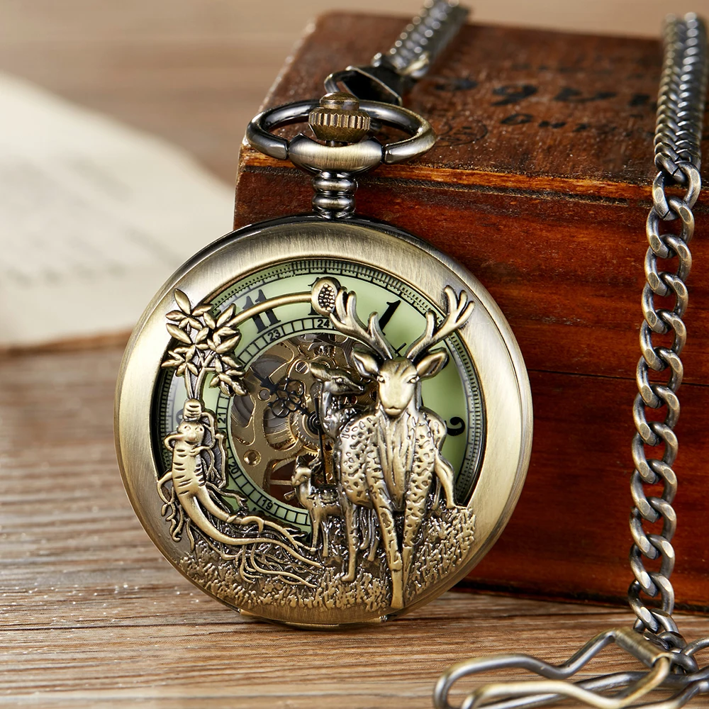 Retro Zodiac Design Men Women Pocket Watch Antique Hollow Mechanical Watches Bronze Clock Lucky Necklace Pendant Gift Fob Chains