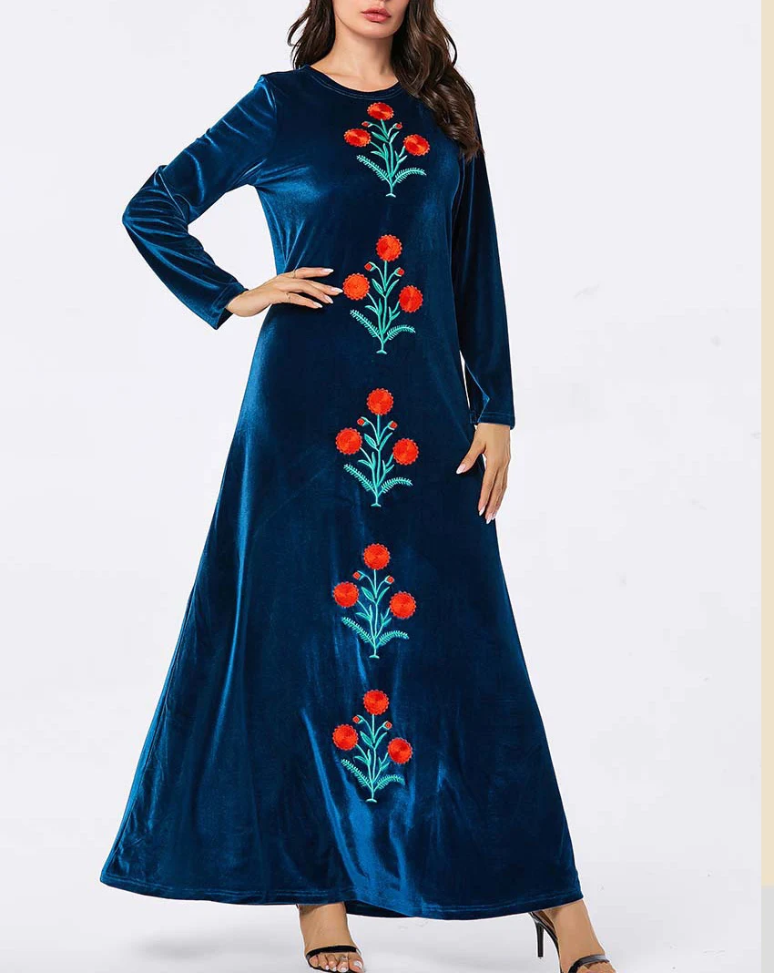 2021 New Muslim Abaya Clothing Velvet Dresses Embroidery Flowers Fashion Loose Plus Size Long sleeve Evening Maxi Dress Ladies |