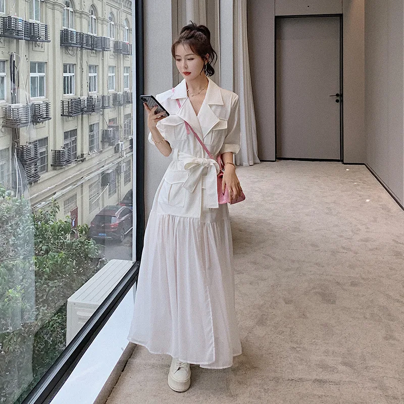 

LANMREM New Women's Midi Casual Dress Stitching Laple Collar High Waist Lace Up Temperament Loose Fit Fashion Summer 2021 2P1717