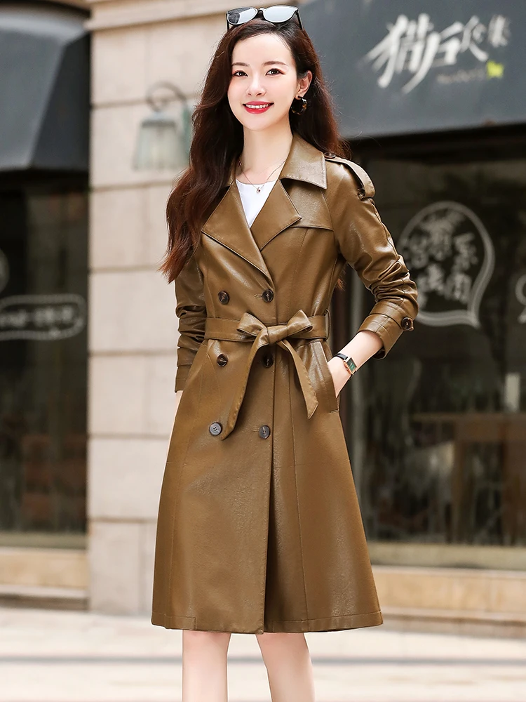 New Women Leather Trench Coat Spring Autumn 2022 Elegant Fashion Single Breasted Solid Slim Sheepskin Coat Leather Outerwear
