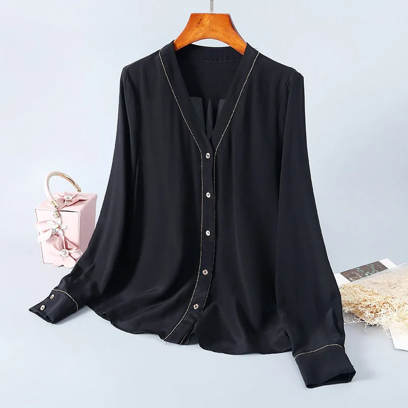 

New Shirts V neck button down pure silk shirt femininity fashion splicing cardigan women 2020 spring boutiquewear