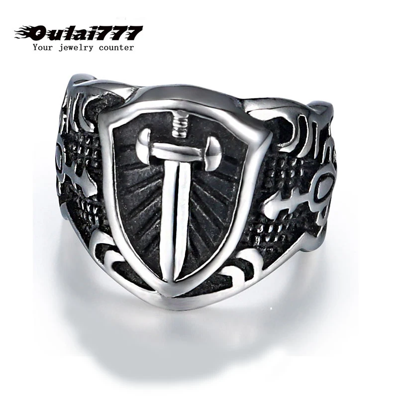 

oulai777 men rings big stainless steel gifts for mens punk chip hop male man sword ring antique signet ring arthur swordslion