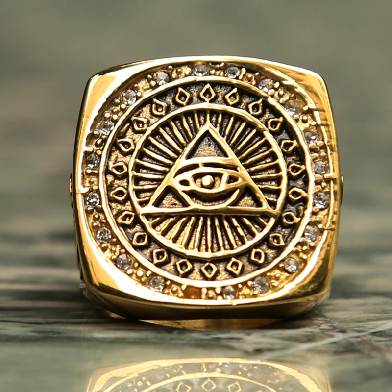 Винтажное тяжелое кольцо из нержавеющей стали с кристаллами Золотое каменщик
