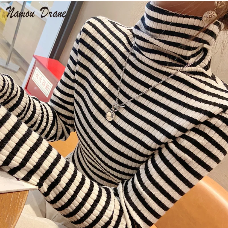 

Striped High-neck Bottoming Shirt Women's Autumn and Winter 2021 New Slim and Thin Pile-neck Soft Waxy Sweater with Top
