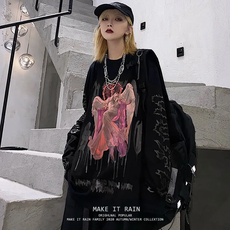 

Осенняя уличная одежда, черная толстовка, женский свободный пуловер в стиле панк с рисунком демона, готические свитшоты в стиле Хай-стрит, д...