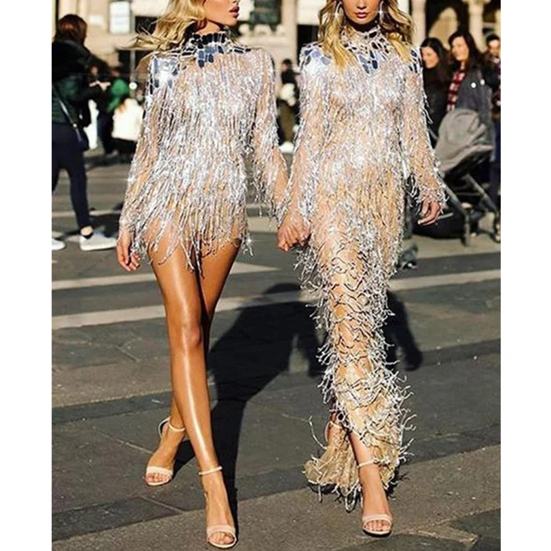 

WEPBEL Women Evening Dress Ladies Sexy Sequins Tassel Mini Dress Female Elegant Long Sleeve Halter Split Nigh Club Party Dress
