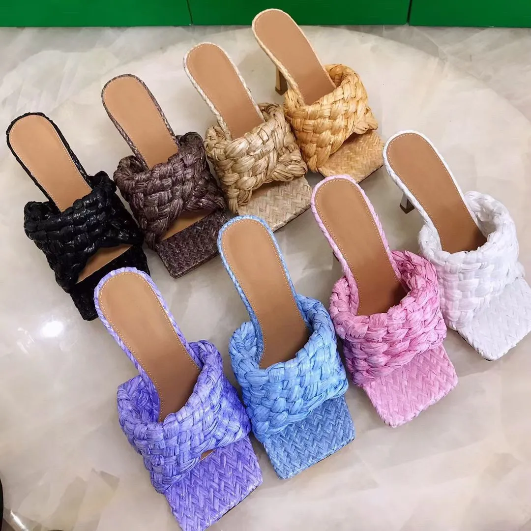 

2021 Handmade Weave Slippers Women Square Peep Toe Thin High Heel Sandals Candy Color Summer Party Sandalias Runway T-Show Shoes