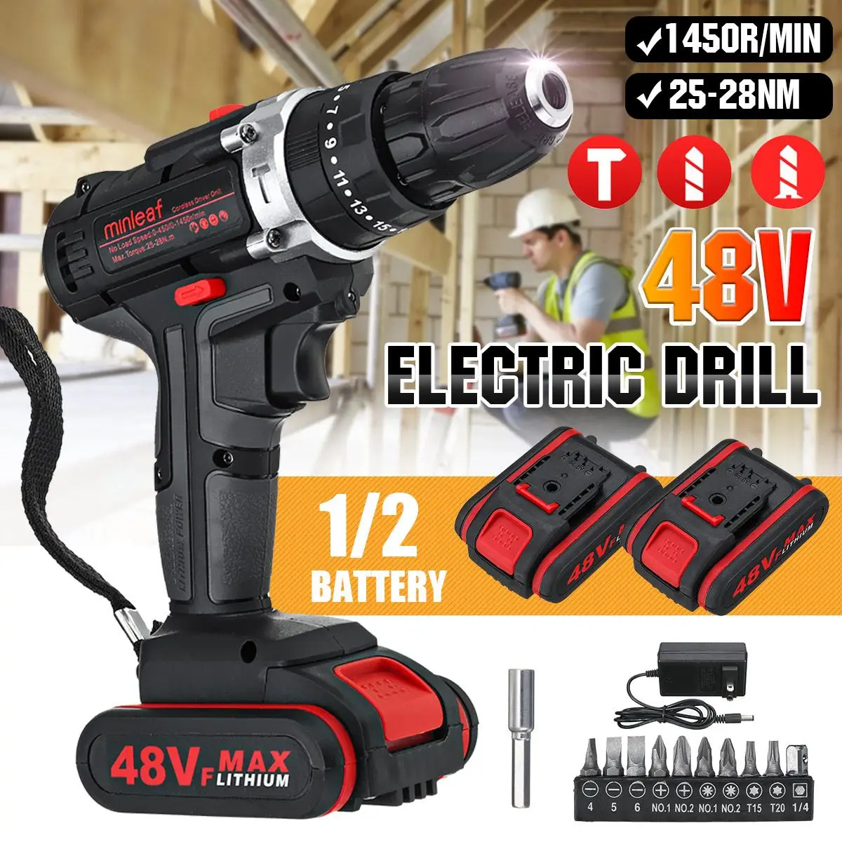 

48V 25+3 Torque Cordless Drill Electric Screwdriver Impact Drill Electric Hammer Drill Power Tool With 2Pcs Lithium-Ion Battery