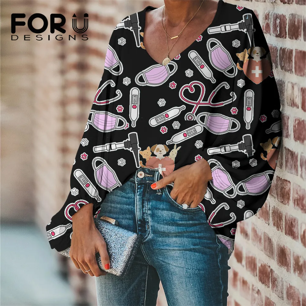 

FORUDESIGNS Casual Losoe Tunic for Women Black Cartoon Nurse Design Long Sleeve Sexy Blouses & Shirts Fashion Female Blouses Hot