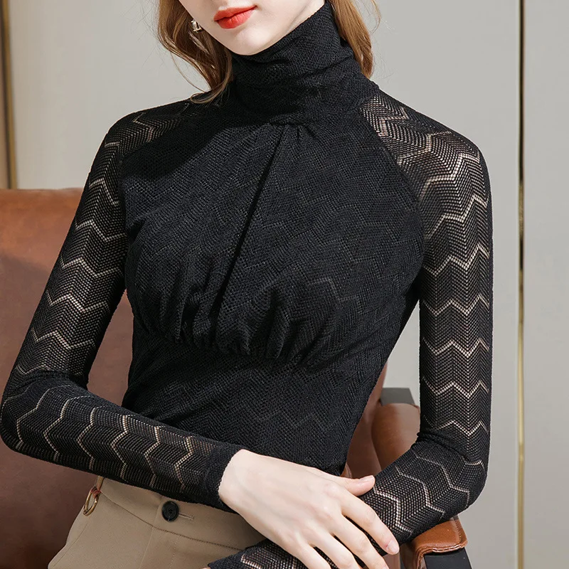 

High collar lace top for women's autumn and winter 2020 with long sleeve T-shirt, European style small shirt and pleated top