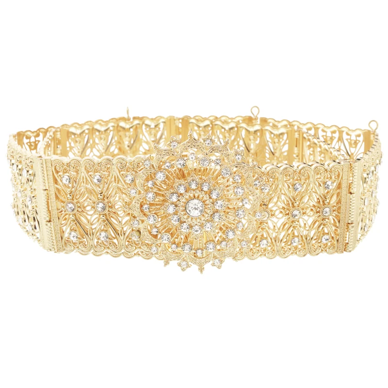 Elegant round crystal hollow flower metal belt designed for ladies wedding party custom dress jewelry belt