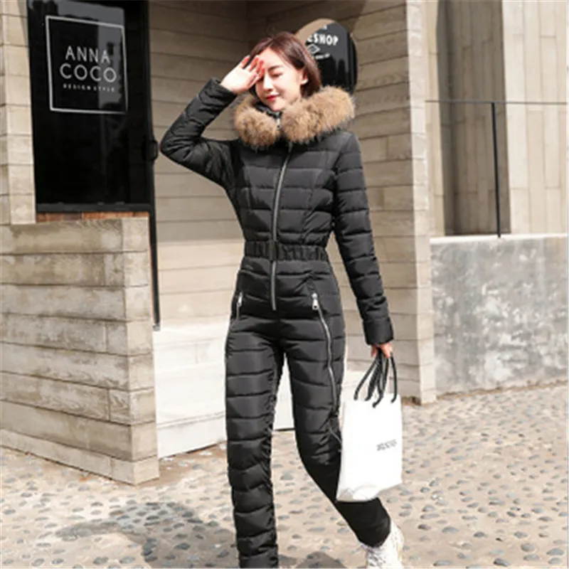 Winter new down cotton pad women fashion women two-piece cotton Raccoon Fur collar hooded thick warm jumpsuit women G1156