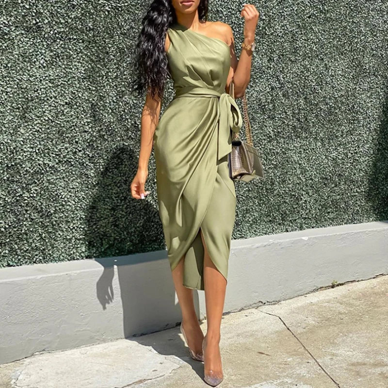 

2021 Spring Elegant One-Shoulder Mini Dress Women Vintage Bow Solid Irregular Party Dress Office Ladies Casual Sleeveless Dress