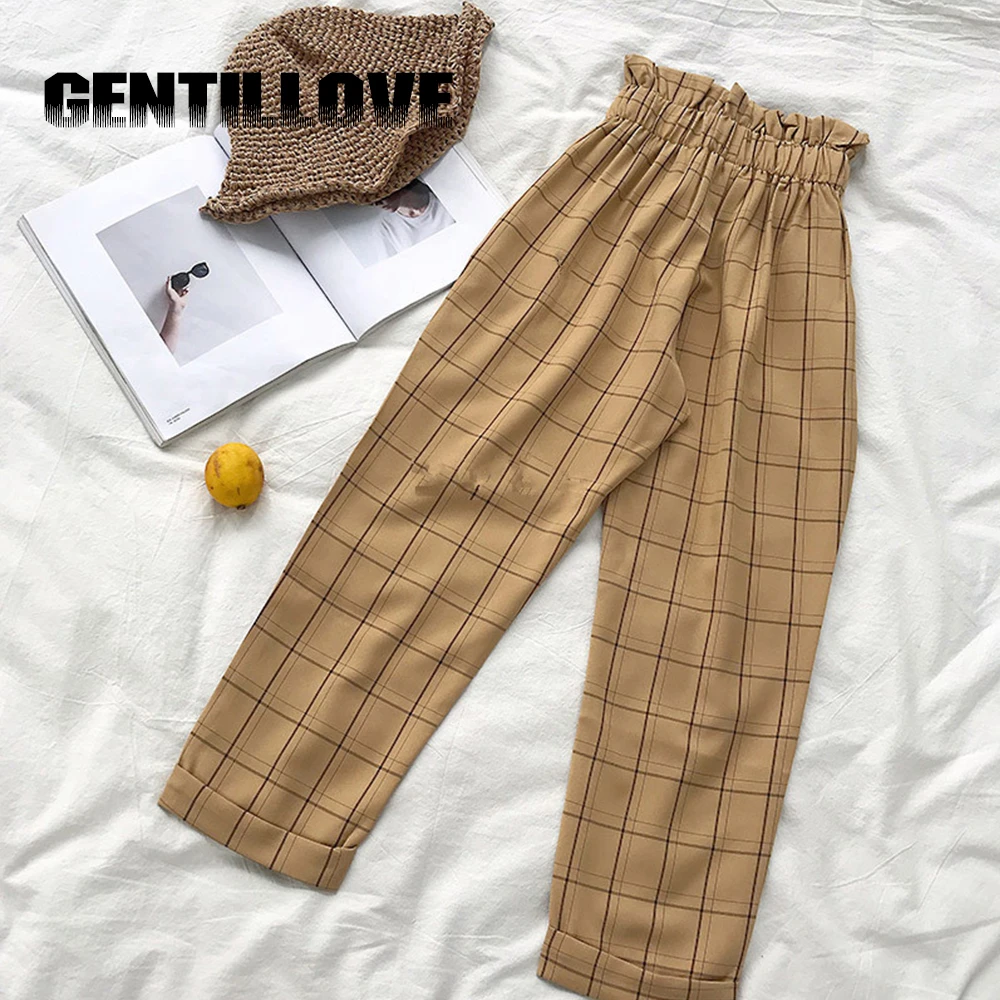 Gentillove Модные Винтажные клетчатая Высокая талия до щиколотки брюки женские