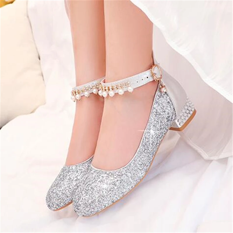 

New Crystal Pearl High Heels Children Dress Party Dance Leather Shoes Girls Student Comfortable Baby Toddler Kids Single Shoe 04