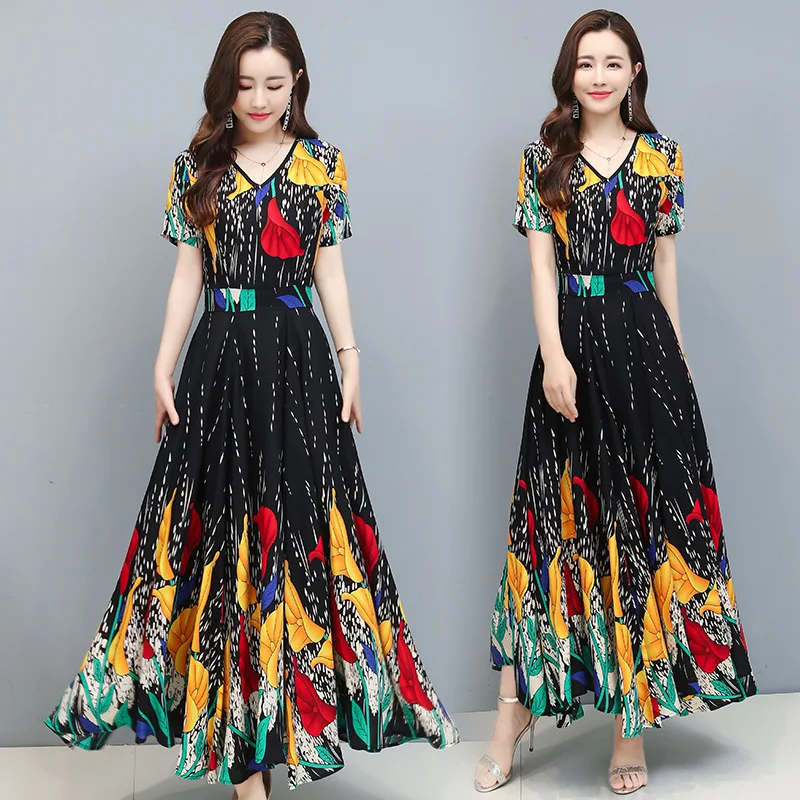 

women's new Korean version of large-size cotton silk dress slim V-neck short-sleeved temperament ladies' big dress