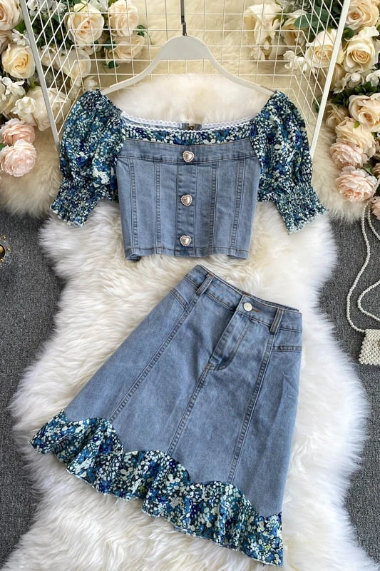 

Floral puff sleeve stitching denim short high waist skirt two-piece suit trend