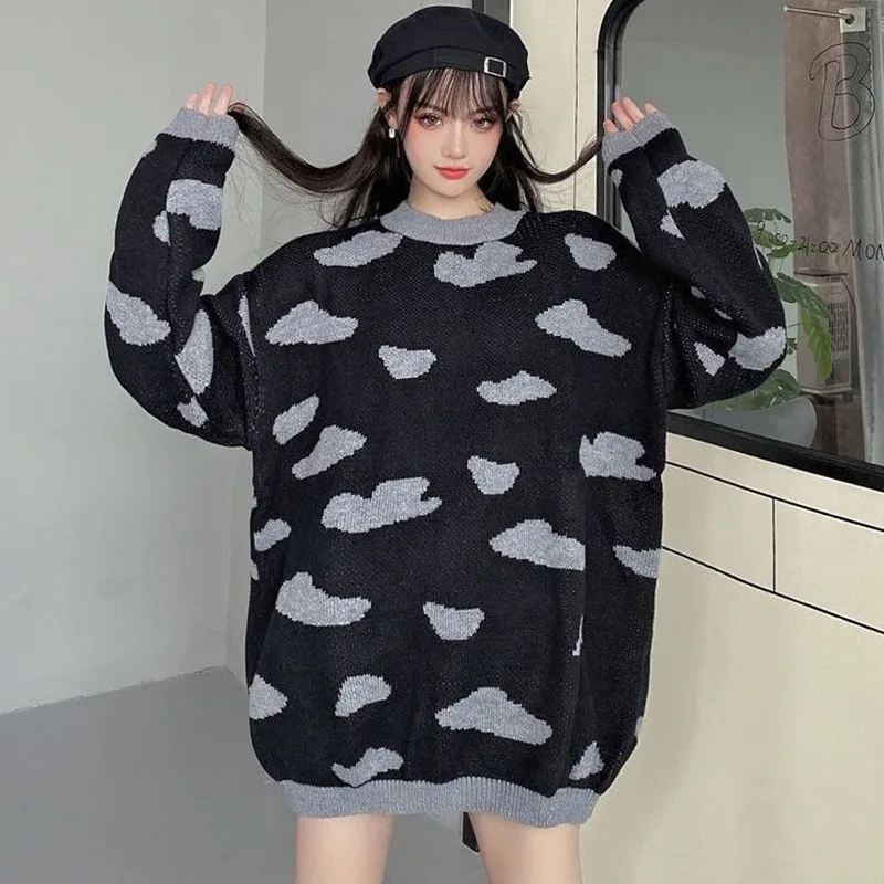 Autumn Winter Kawaii Sweater Fashion Korean Clouds Print Casual Women Loose Long Sleeve Pullover | Женская одежда