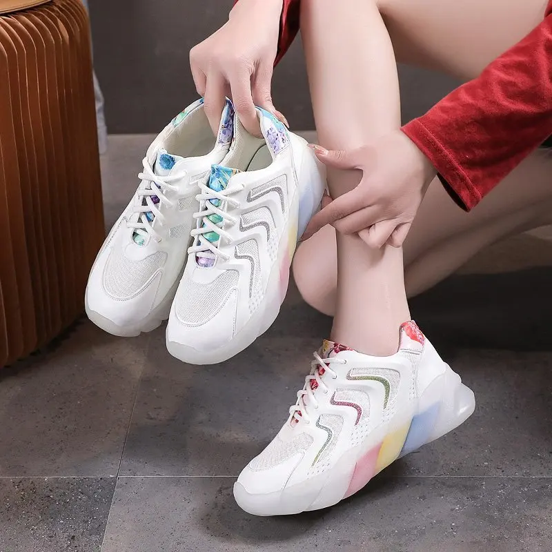 

2021 Women Vulcanize Shoes High Heel Chunky Breathable Sports WalkingSneakers Women Height Platform Girls Colorful Candy Shoes