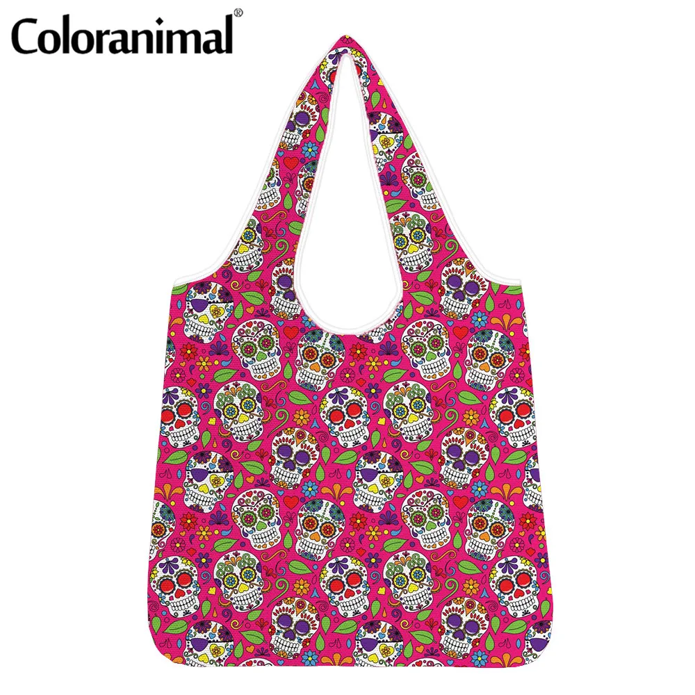 

Coloranimal Fashion Day of The Dead Sugar Skull Pattern Ladies Shopper Bags Protable Storage Eco-Friendly Bags Women Grocery Bag