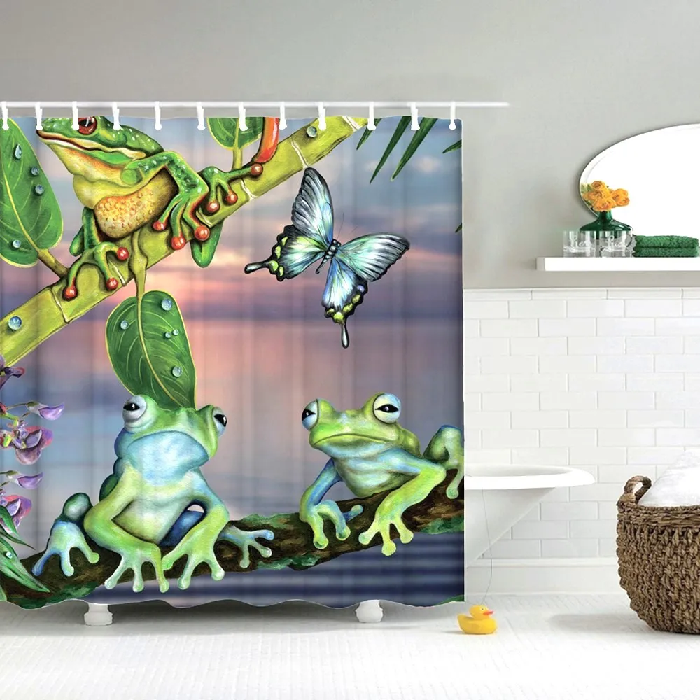 Dafield Shower Curtain Frog Funny Animal Green Cute With Lotus Cartoon Buttefly On The Branch Of Tree | Дом и сад