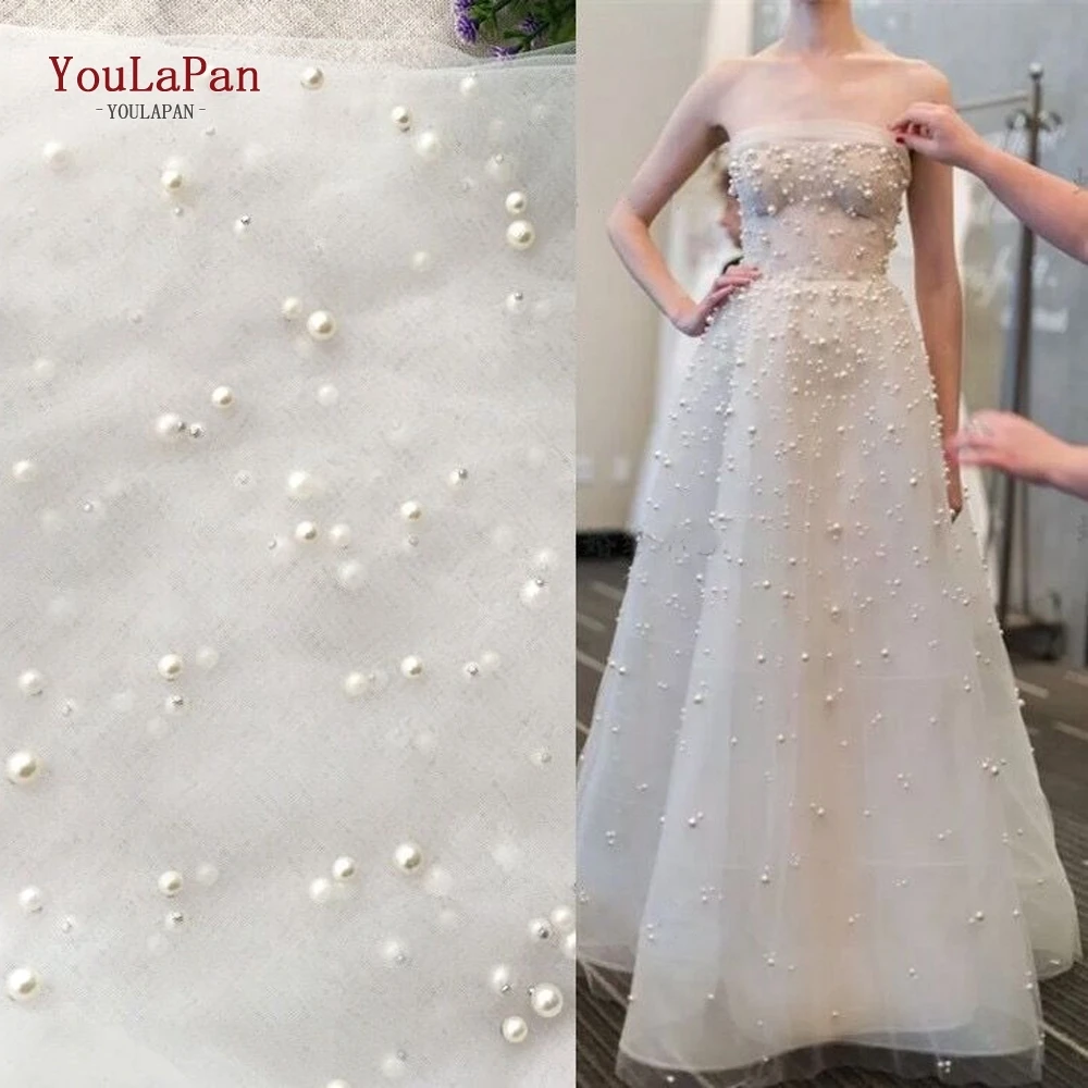 YouLaPan V5 Dense Pearls Tulle Fabric White Ivory Tulle Mesh Lace Fabric Beading Net Tulle 160cm 300cm Width Diy Wedding Sewing