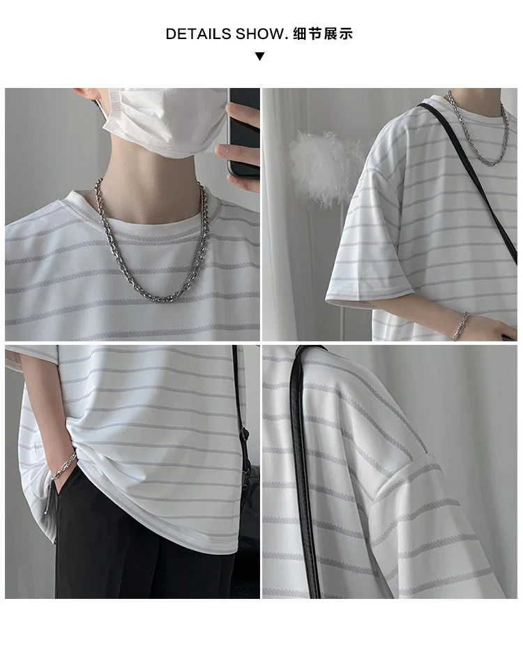 

Men's Summer Sports Striped T-Shirt Loose Trend Casual Oversize Men's Clothing Fashion Harajuku Style Cotton Women Short Sleeves