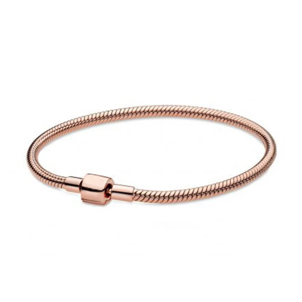 

2021 New 925 Sterling Silver Moments Gold Rose Barrel Oxidised Tone Clasp Snake Chain Bracelet DIY Original Jewelry For Women