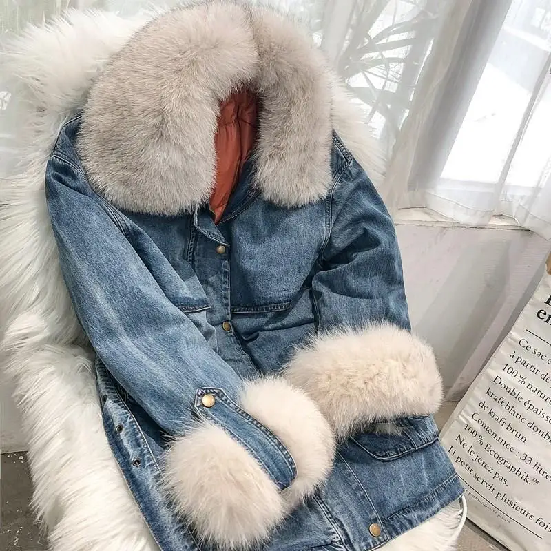 Winter Fox Fur Collar Denim Jacket Women Thick Coat Jean Loose Duck Down 2 Piece Set | Женская одежда