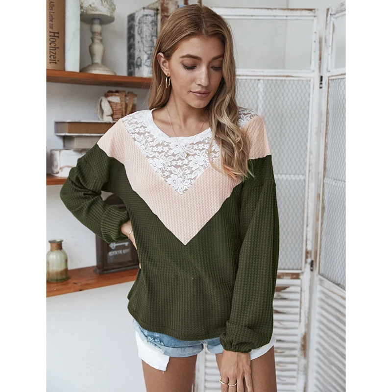 Women'S Autumn Long Sleeve Sweater Sexy Stitching Female Fashion Loose Lace Tops |