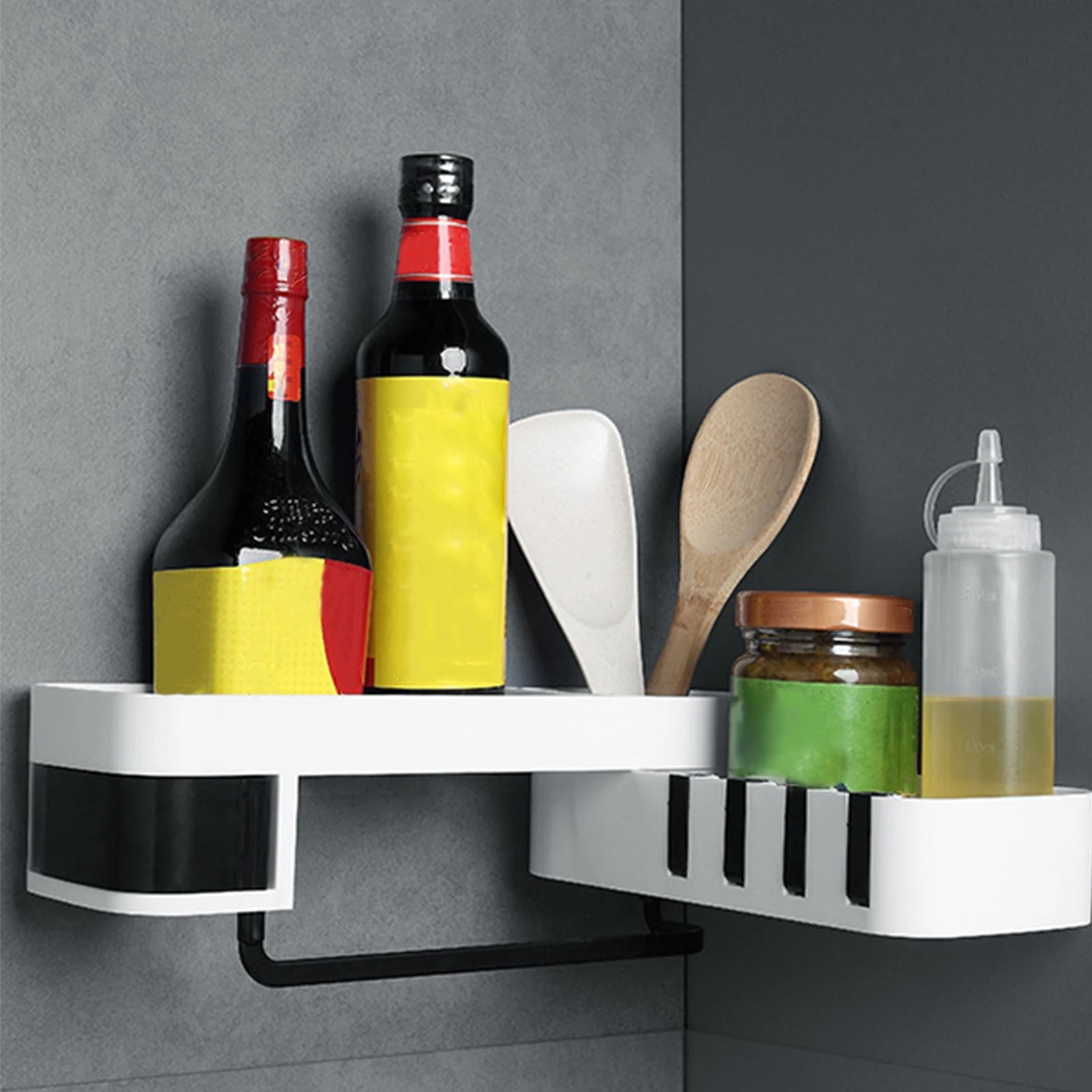 

No-drill Corner Bathroom Shelf Kitchen Organizer Storage Rack Holder Bathroom Accessories Set With Hooks Promotion