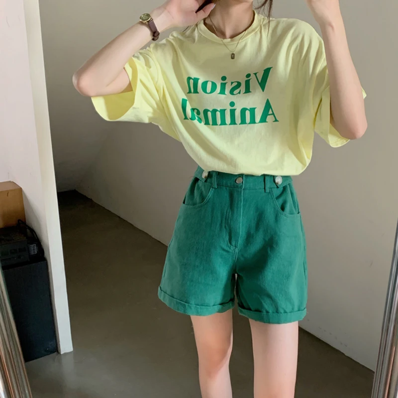 

KUSAHIKI Korean Chic Summer Denim Shorts High Waisted Causal Wide Leg Demin Short Feminimos 2021 New Fashion Bottoms 6H918