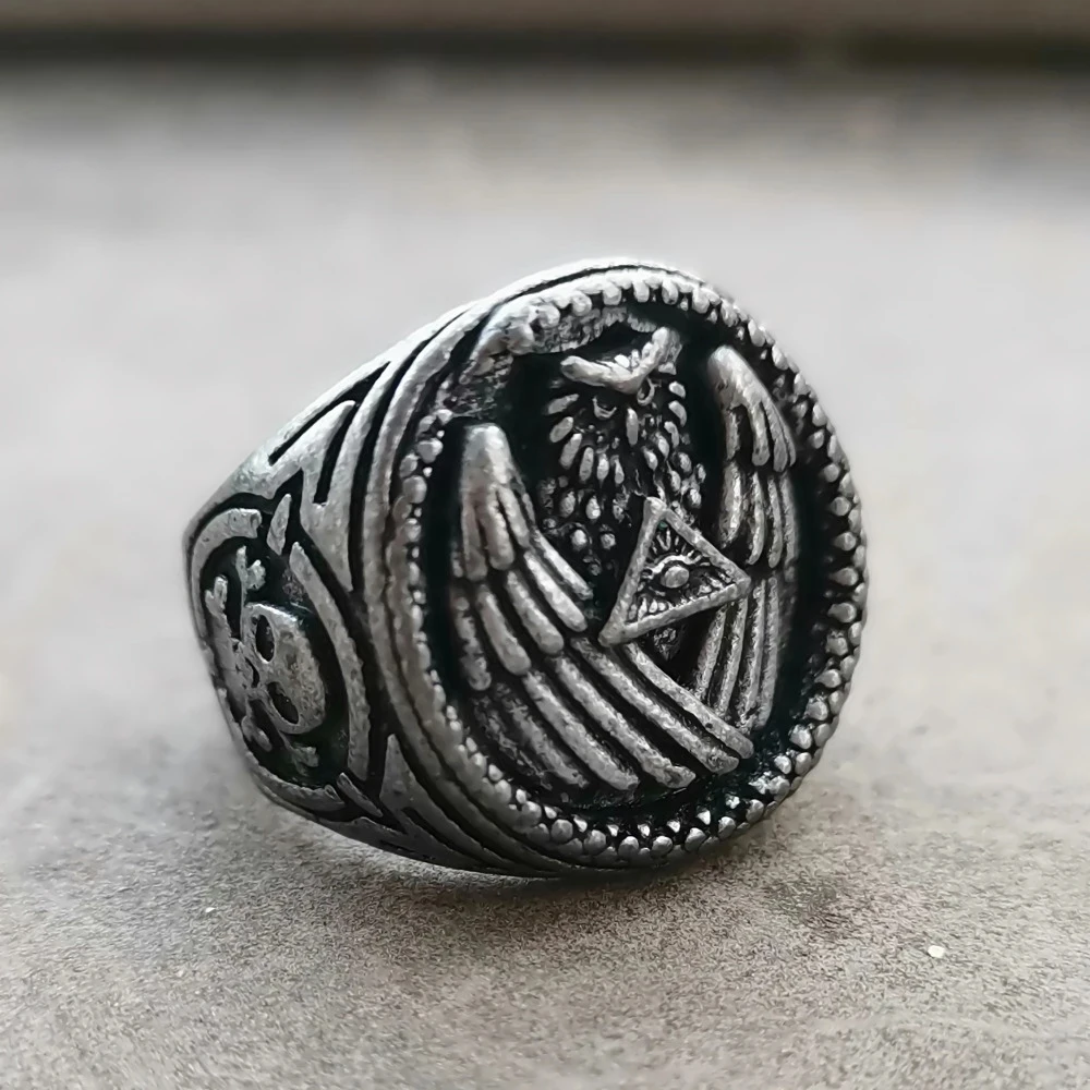 

Vintage Men's Stainless Steel Silver Color Ring Owl All Seeing Eye Pyramid Ring Masonic Men's Jewelry