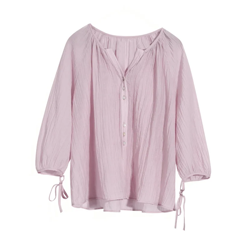 

2021 Summer New style Thin Lantern Sleeve Folded Shirt Casual Loose Tencel Sunscreen Top Women