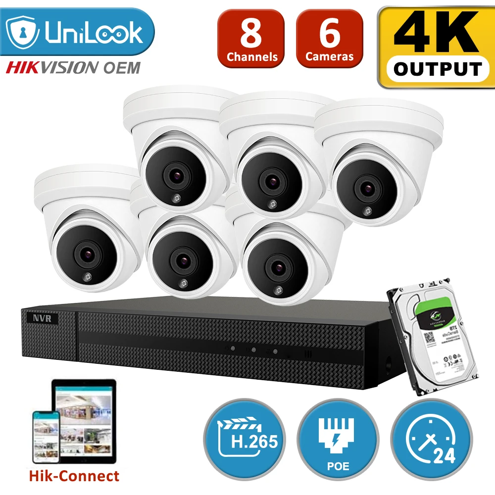 

UniLook 8CH NVR 6Pcs 8MP 4K Turret POE IP Camera NVR Kit Security System 2.8mm Lens Audio Motion Detection P2P View H.265