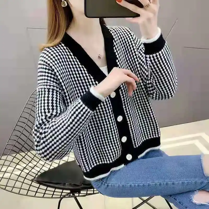 

Женский вязаный кардиган, черный, белый маленький клетчатый свитер, пальто, короткий топ на осень и зиму, оптовая продажа 2022, модная женская ...
