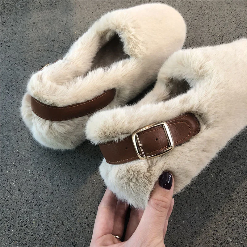 Winter Female Plush Square Buckle Strap Slip on Loafers Shallow Round Toe Furry Moccasins Warm Wool Shoes for Women Flats