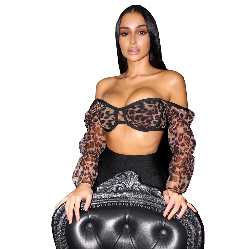 

New Women's Puff Sleeve Short Cocktail Top Leopard Print Sexy Long Sleeve Tube Top