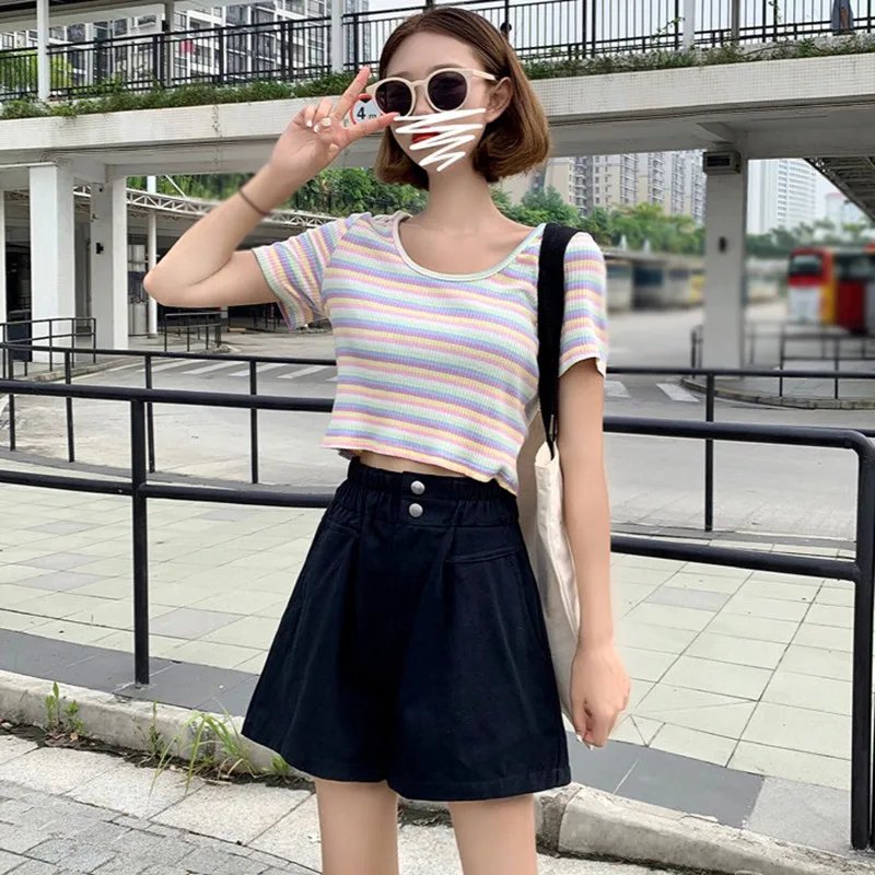 

Summer Korean Style Loose High Waist Wild Casual Wide Leg ShortsYoung Outgoing Pants