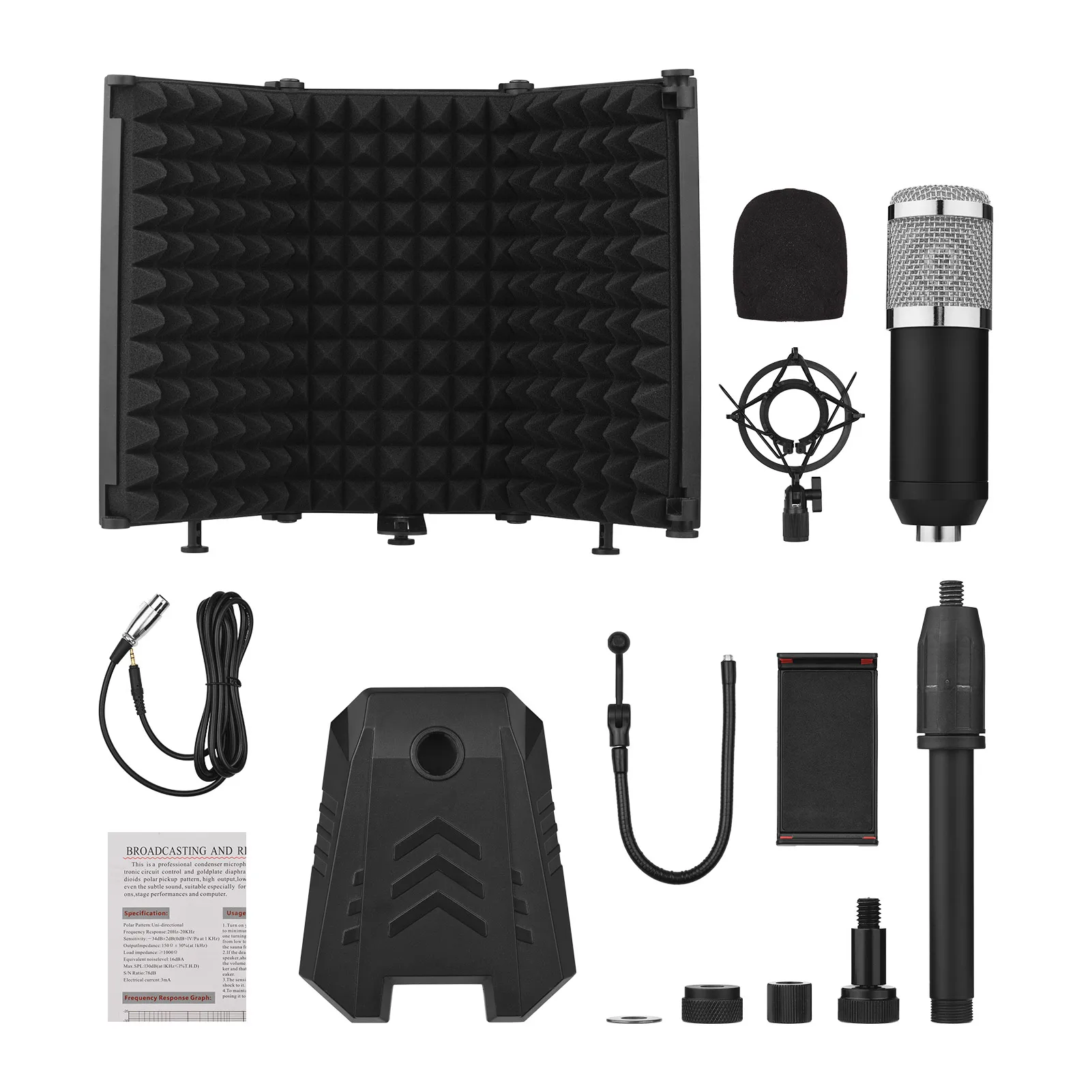 

Microphone Compact Tabletop Mic Windscreen 3-Panel Sound Absorbing Foam Reflector Micr Phone Clip 5/8"Adapter for Live Stream