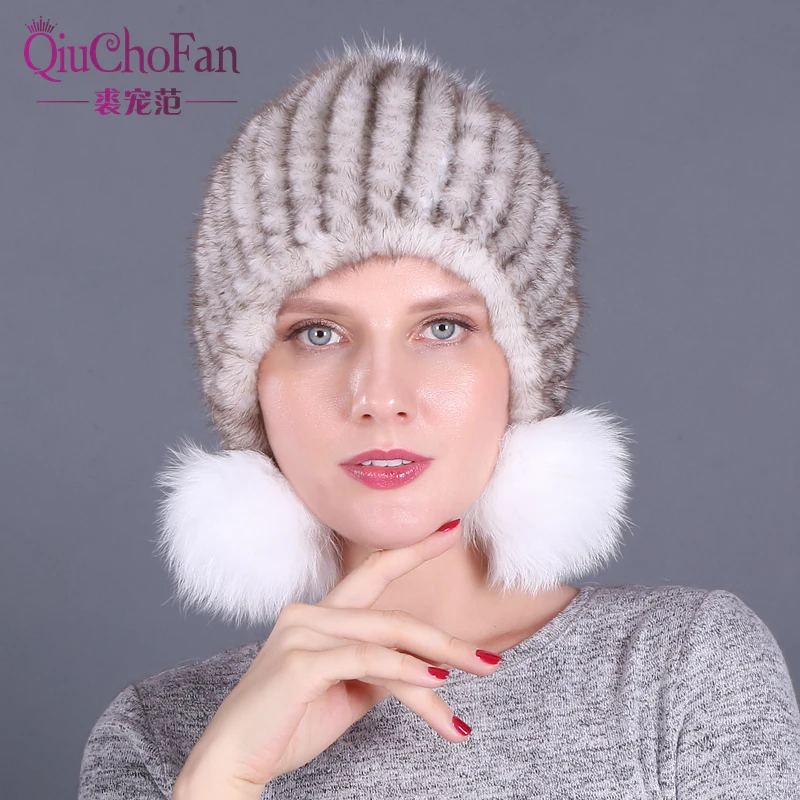 

Facshion зимние однотонные вязаные шапки авиатора из натурального меха женские шапки из меха норки меховые наушники из лисьего меха женские го...