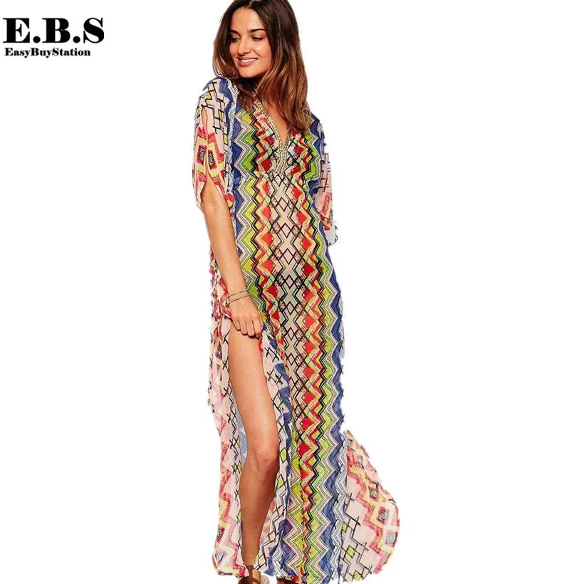 Женское летнее длинное пляжное платье кафтан с богемным принтом|chiffon maxi|long beach
