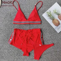 new swimwear women high waist bikini swimsuit push up patchwork three piece set red bathing suit halter beachwear biquini female