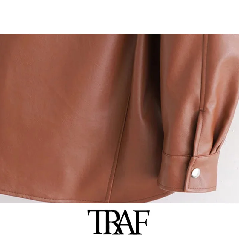 

TRAF Women Vintage Stylish Pockets PU Faux Leather Jacket Coat Fashion Long Sleeve With Belt Female Outerwear Chic Tops