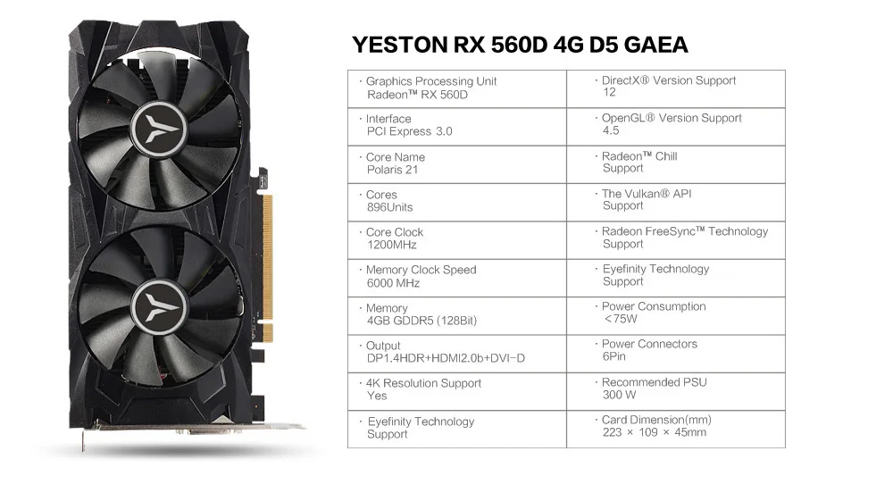 Yeston Radeon RX560D 4 ГБ GDDR5 PCI Express 3,0 DirectX12 видеоигровая видеокарта внешняя видеокарта для рабочего стола