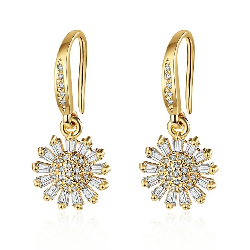 

Women's Cute Daisy Lovely Sunflower Drop Earrings Shiny Crystal CZ Stone Golden/White Female Dangle Earring Piercing Jewelry
